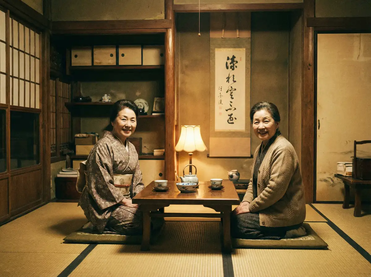 两位优雅的 幻影体育网站 在日式茶室中品茶交谈